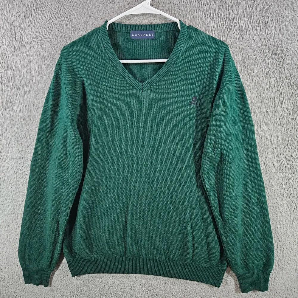 Scalpers Mens Green V-Neck Textured Knit Skull Logo Pullover Sweater Size Large